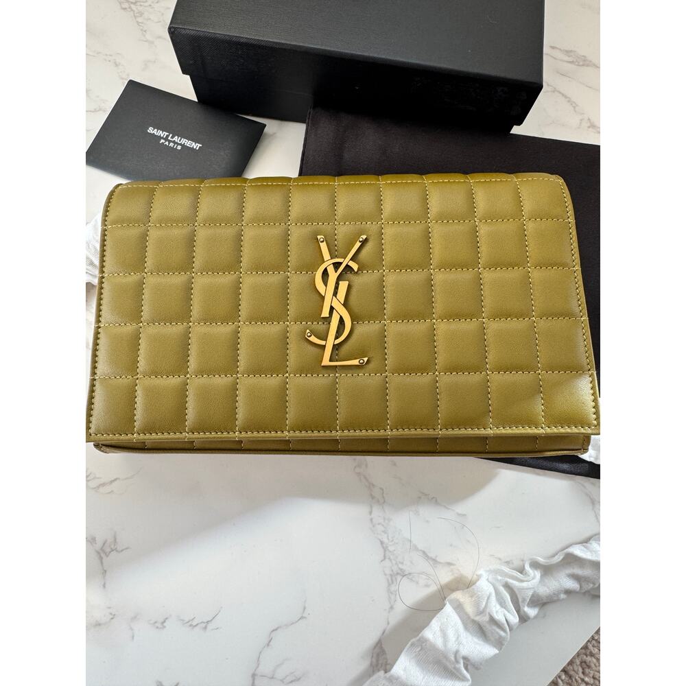 Saint Laurent Quilted Carre Cassandre Chain Wallet in Olive Green